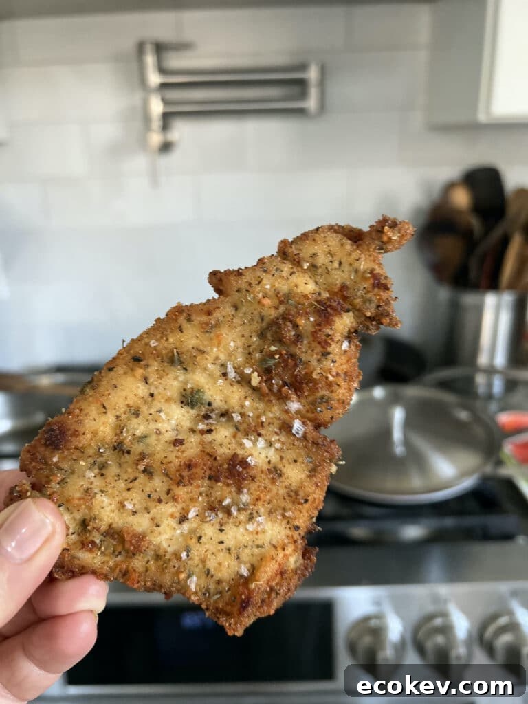 Close up of one breaded chicken cutlet, Italian style, being held with the stove in the background.