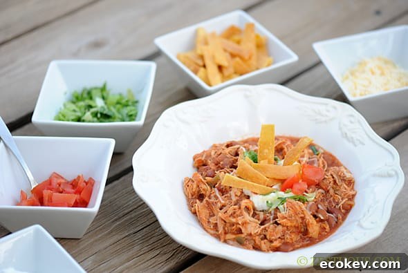 picture of bowl of chicken chili with toppings in small bowls 