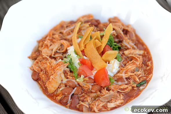 closeup bowl of chicken chili with toppings