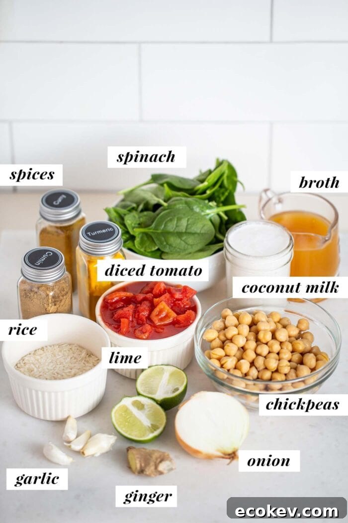 Labelled ingredients in various small bowls for making a tomato rice and chickpea stew.