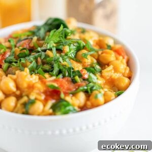 A bowl of chickpea rice stew topped with fresh cilantro.