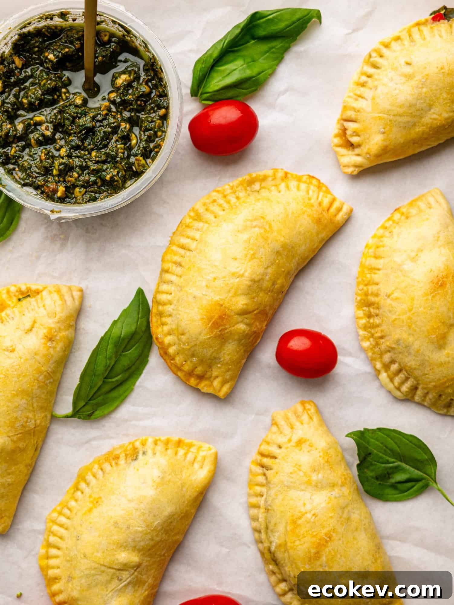 Caprese empanadas on a sheet of parchment paper with tomatoes, basil and pesto.