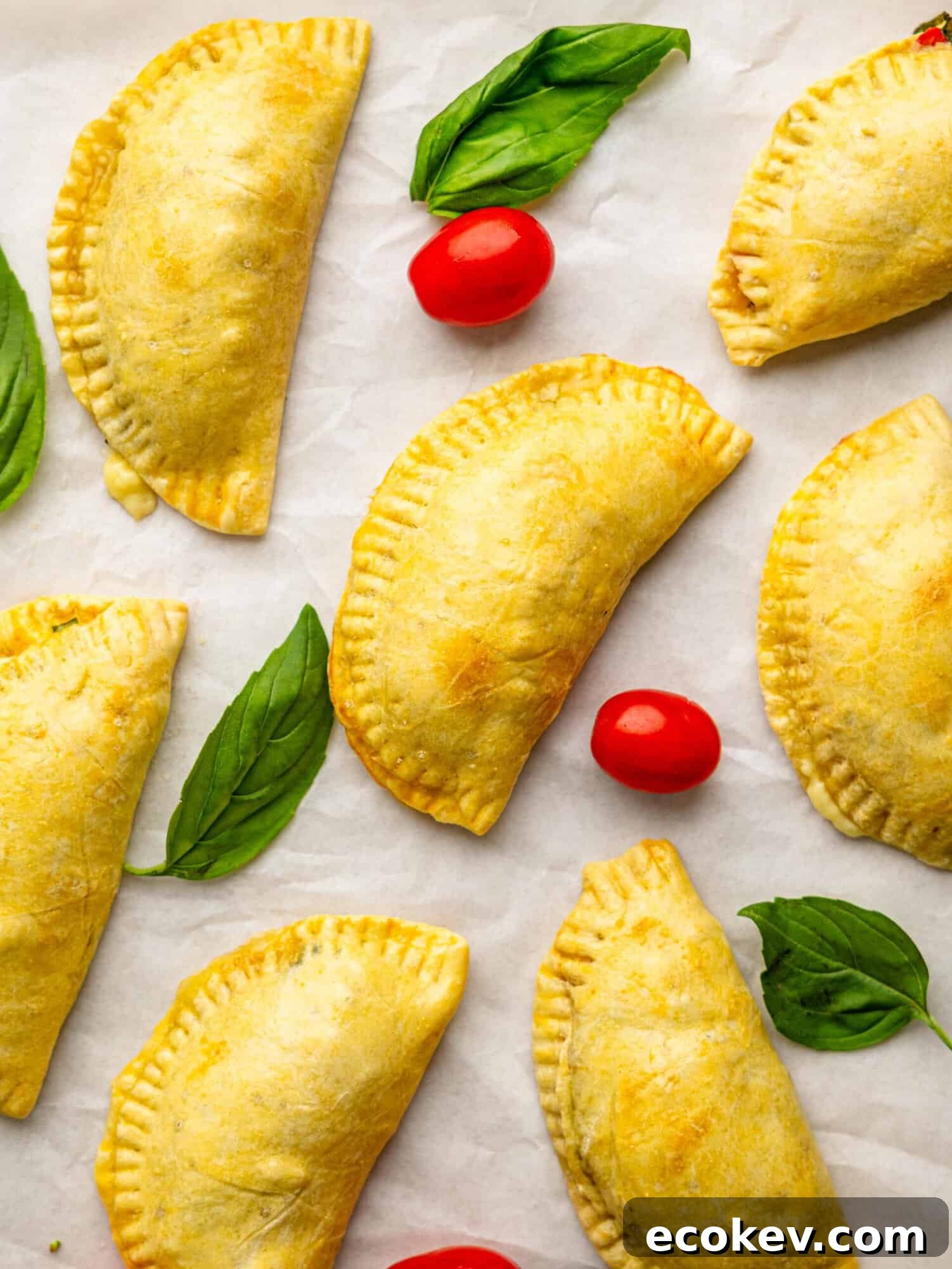 Caprese empanadas on a sheet of parchment paper with tomatoes and basil.