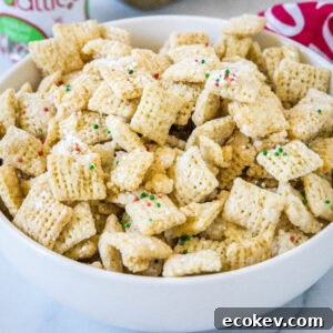close up bowl of sugar cookie chex mix