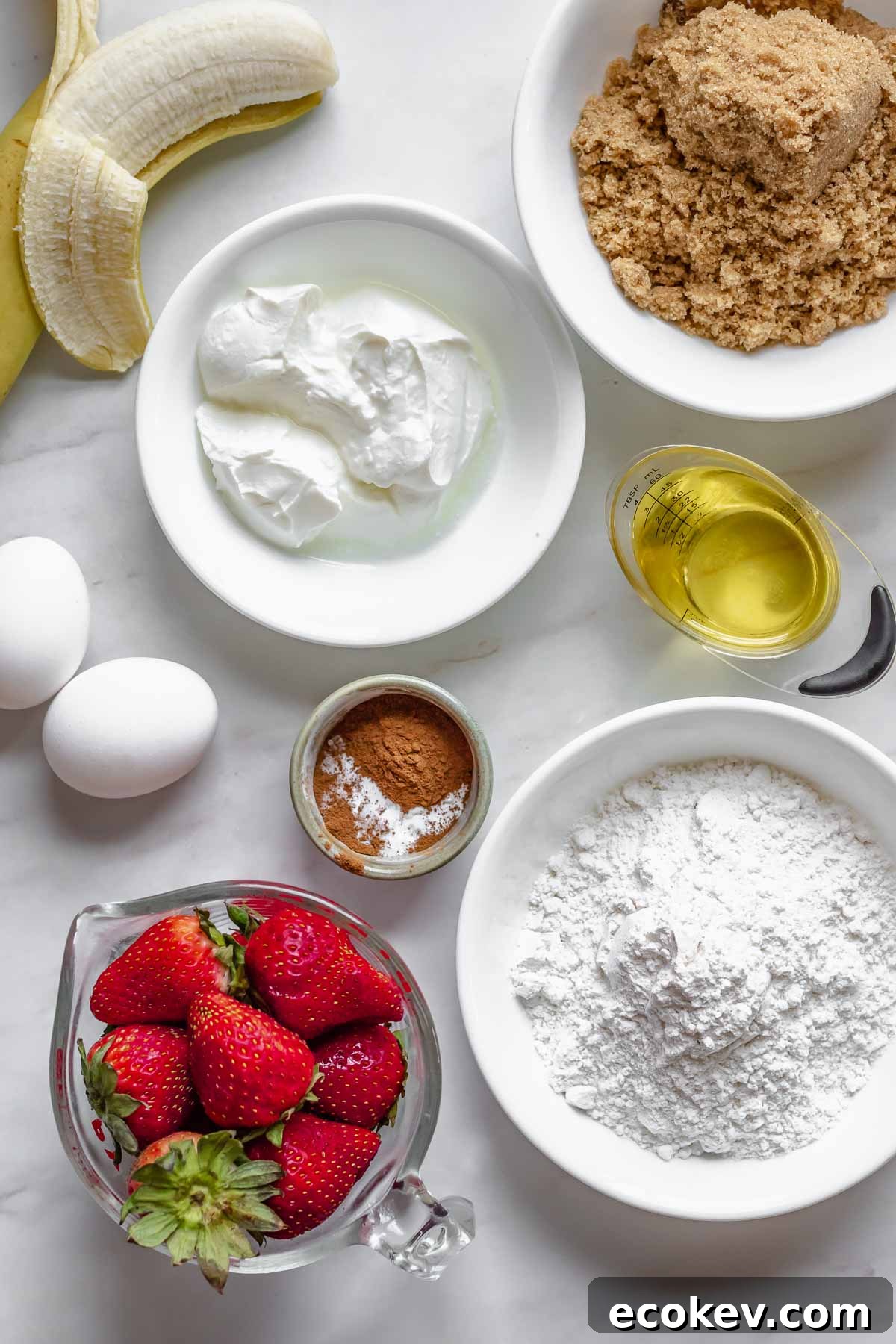 Strawberry banana cake ingredients.