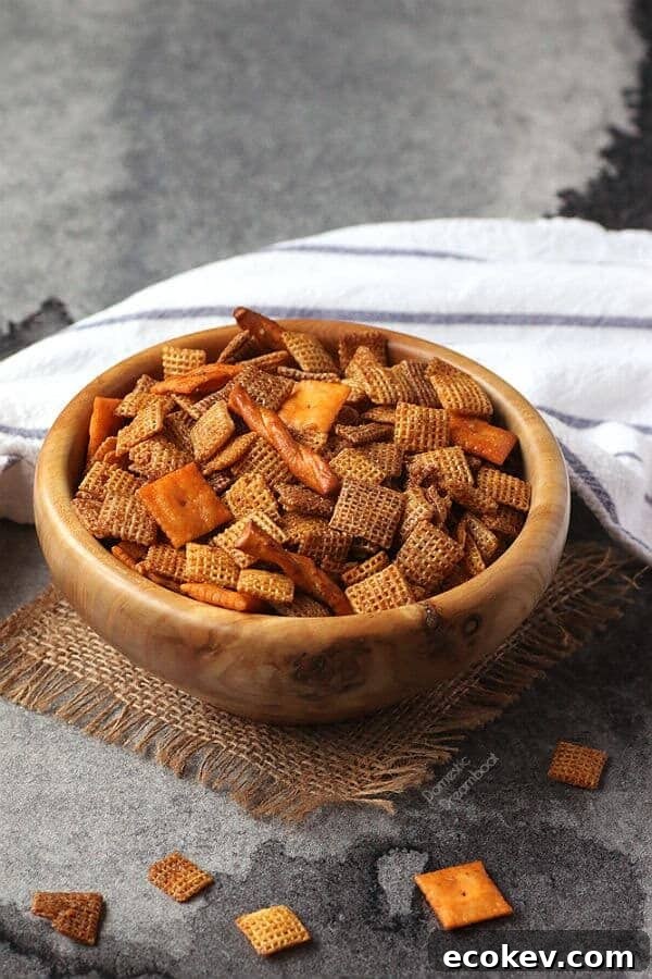 Chex mix in a wooden bowl