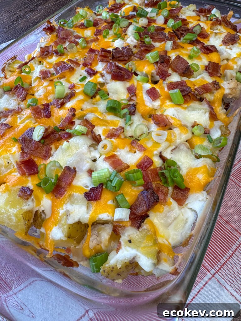 Corner view of a warm bacon and cheese covered casserole with delicious layers of chicken and baked potatoes underneath on a red and white plaid napkin.