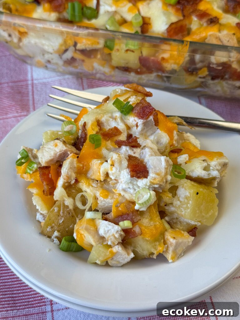 Generous serving of a perfectly balanced creamy and cheesy loaded potato casserole with bits of cooked chicken nested in between the spuds on a white plate with a fork on the back and the full casserole dish in the background on a red and white plaid napkin.