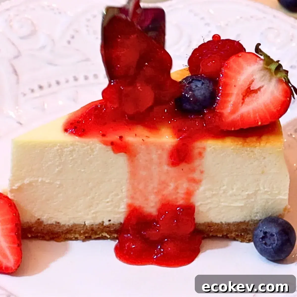 a slice of baked cheesecake with strawberry sauce and fresh fruits