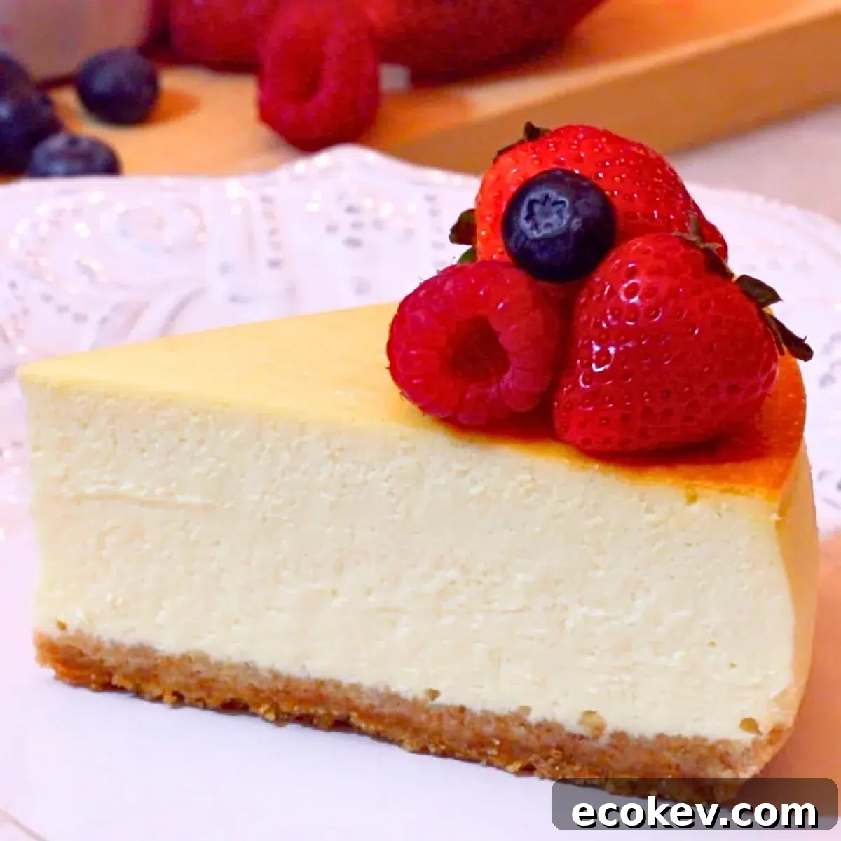 a slice of new york cheesecake with fresh fruits on top