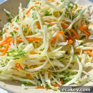 A close-up of a bowl filled with fresh coleslaw made of shredded cabbage, carrots, and parsley.