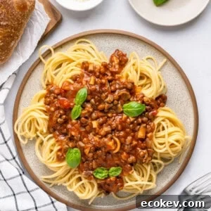 Lentil Bolognese served with pasta.