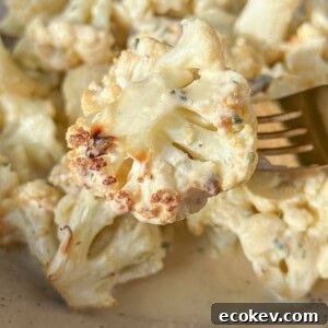 Close-up of a bowl of creamy roasted cauliflower.
