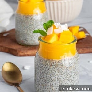 Two glass jars filled with chia pudding topped with mango chunks, coconut flakes, and mint leaves.
