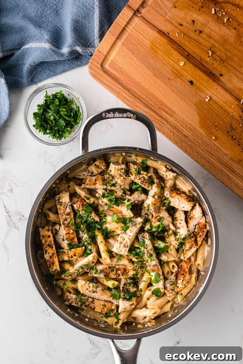 top-down view of the Garlic Parmesan Chicken Pasta in the skillet.