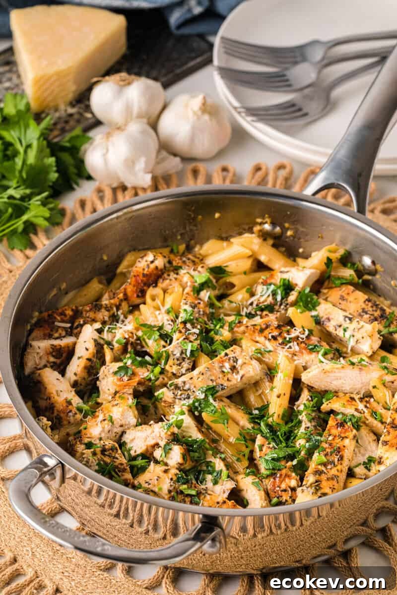Garlic Parmesan Chicken Pasta in the skillet.