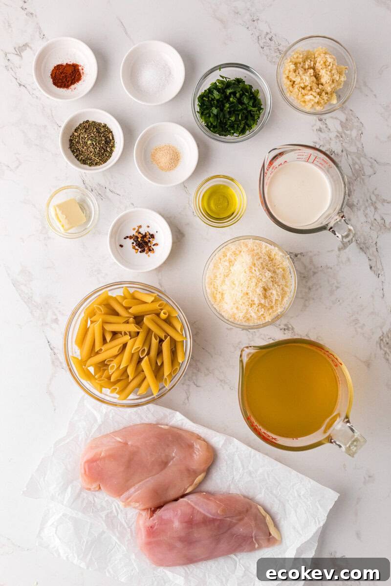 ingredients for the garlic parmesan chicken pasta.