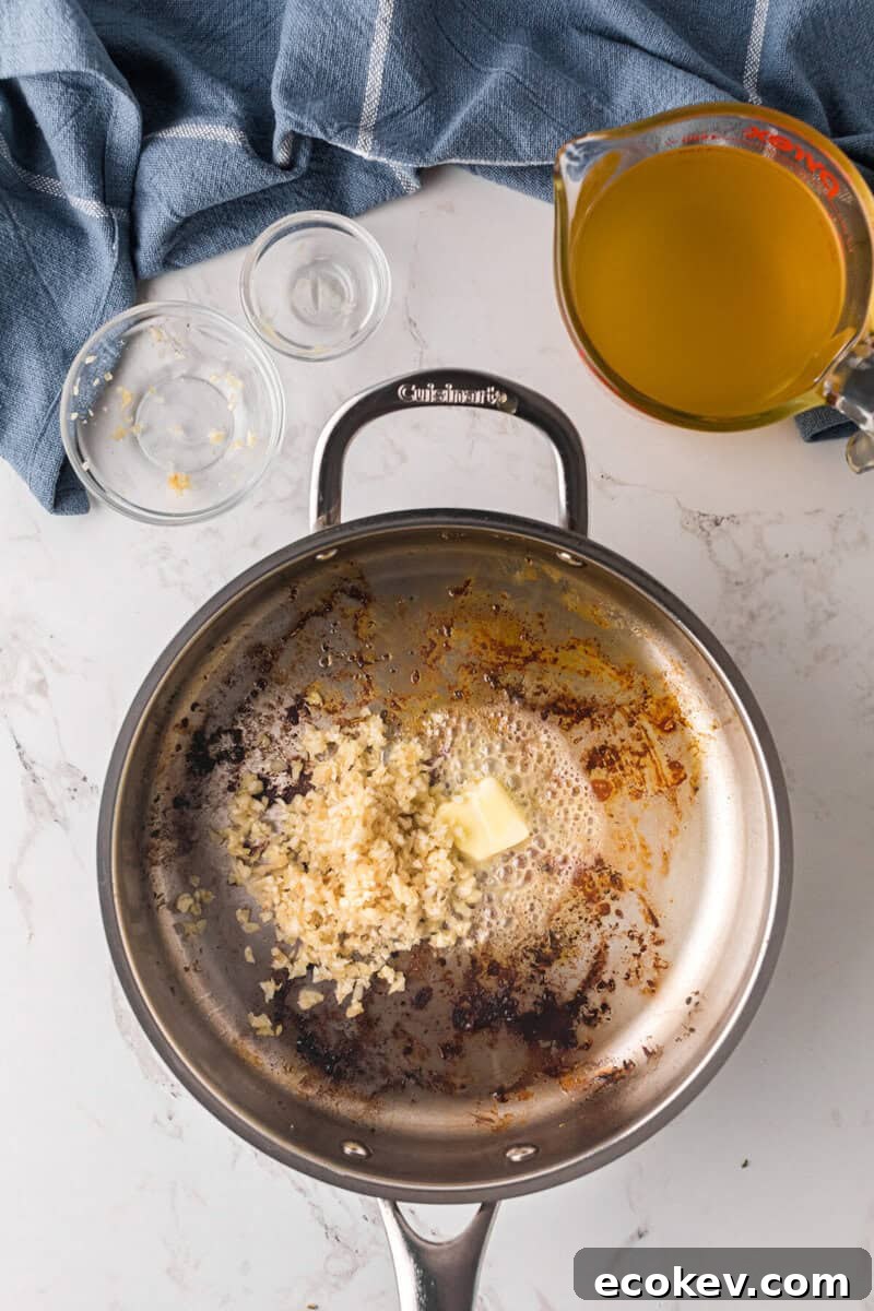 butter and garlic in the skillet.
