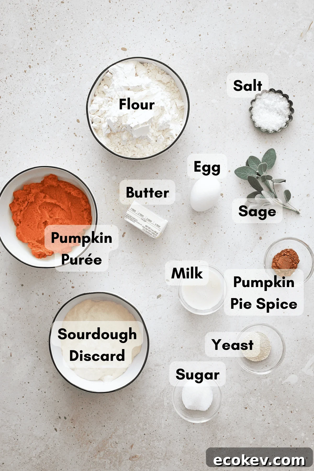 Ingredients for Sourdough Discard Pumpkin Dinner Rolls in small bowls. 