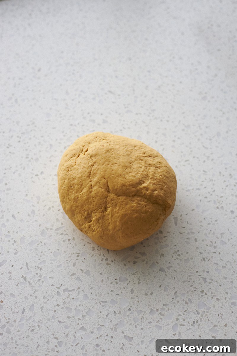 Kneaded dough on a work surface.
