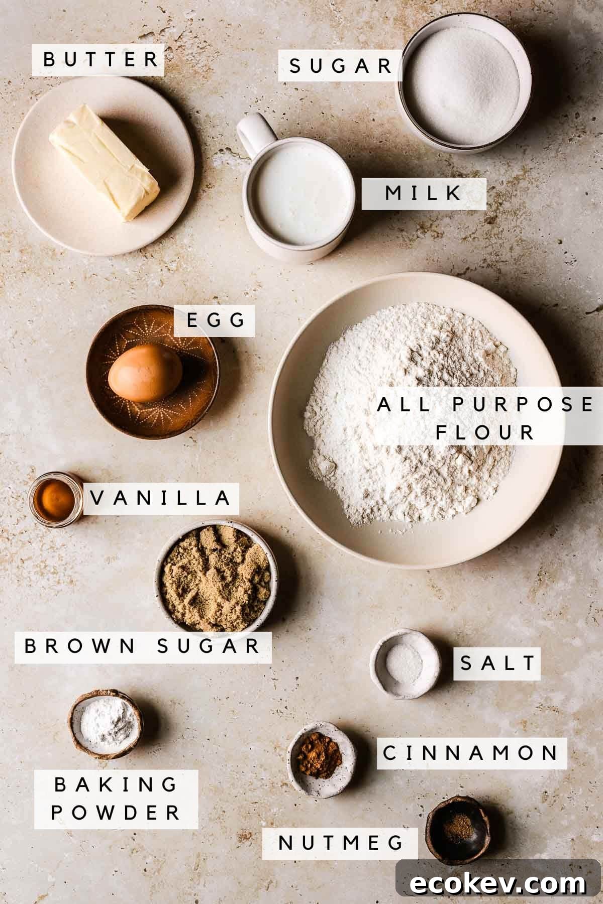 Bowls with ingredients for cinnamon streusel muffins.
