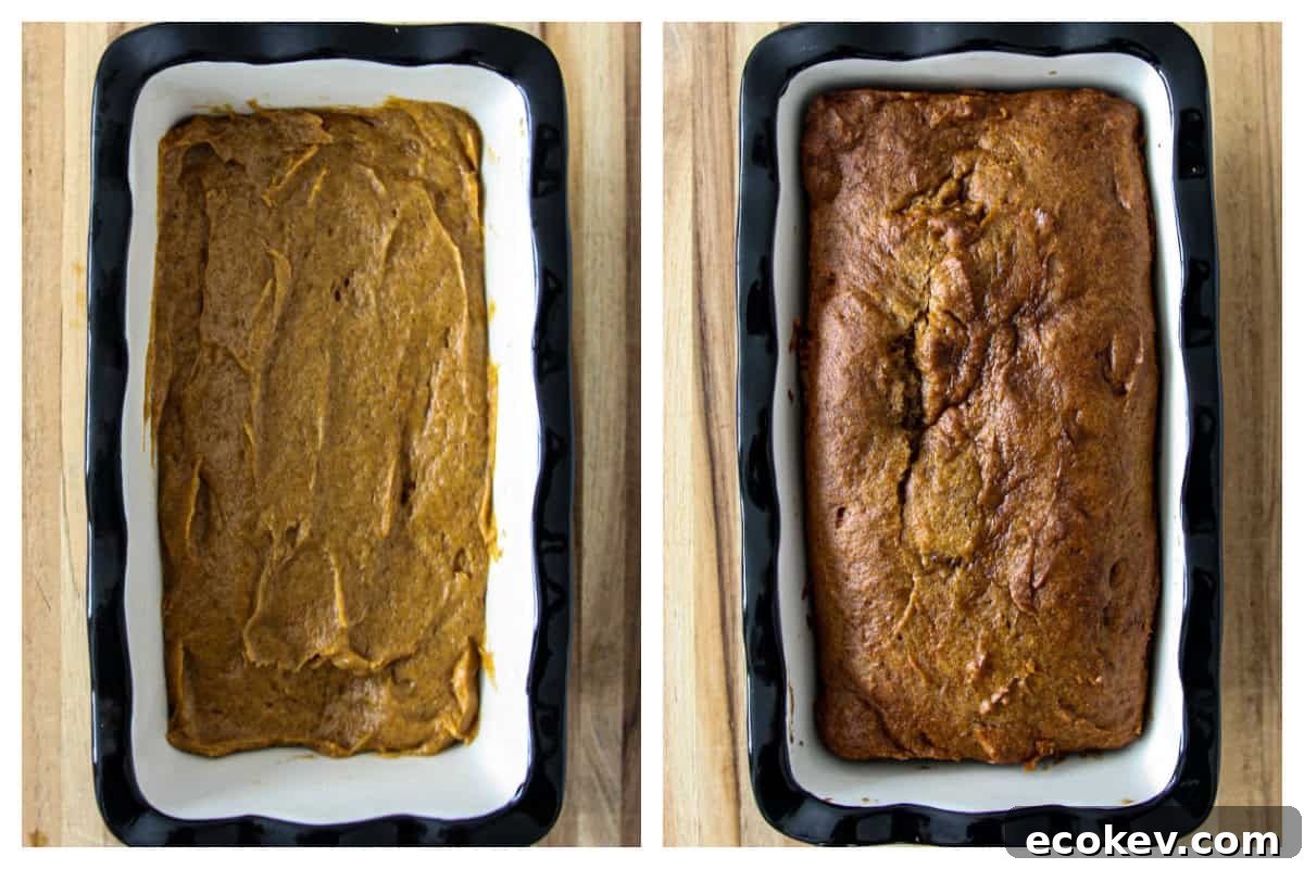 Two baking pans side by side, one with unbaked batter, one with baked loaf.