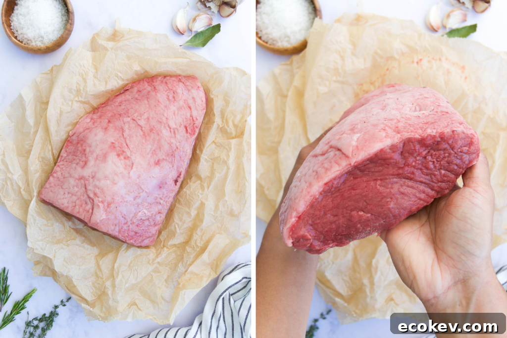 collage of two images showing the raw Picanha Roast on parchment paper and the roast from the side
