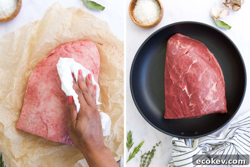collage of two images showing how to pat down the roast and how to place it in a cold skillet