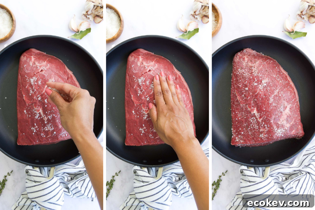 a hand seasons a Picanha Roast in a skillet with black pepper and salt in three images
