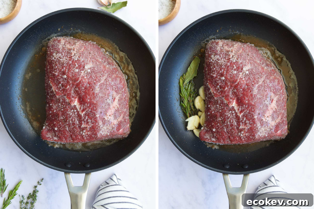 a Picanha Roast in its rendered fat and then the roast surrounded by aromatics and herbs in the same skillet