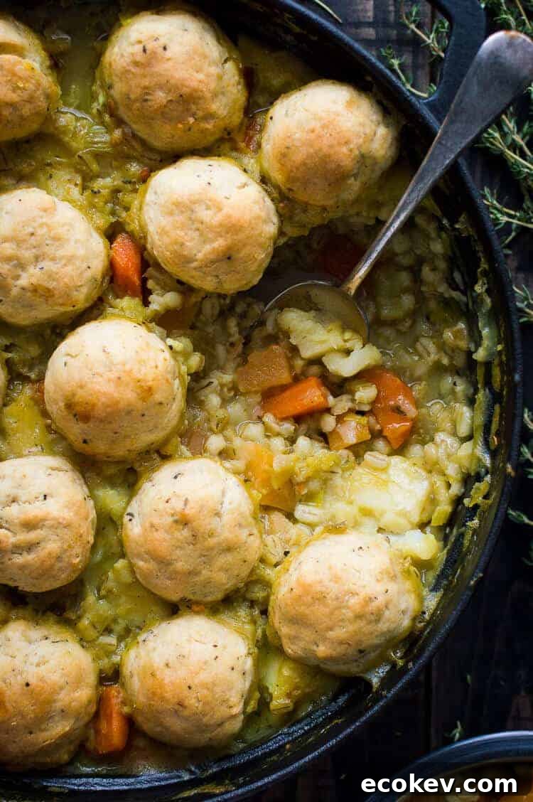 Winter vegetable and pearl barley stew with herby dumplings – a hearty, healthy and filling vegan vegetable stew topped with fluffy, herby dumplings. The perfect meal to warm you up on chilly days. #vegan #healthy #stew