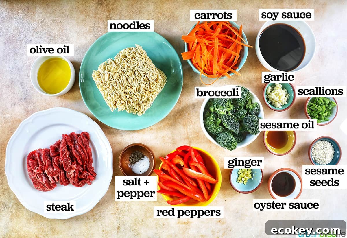 Bowls filled with individual ingredients to make sesame garlic noodles with steak, on a yellow table.