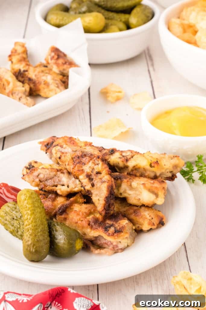 several steak fingers on plate with pickles