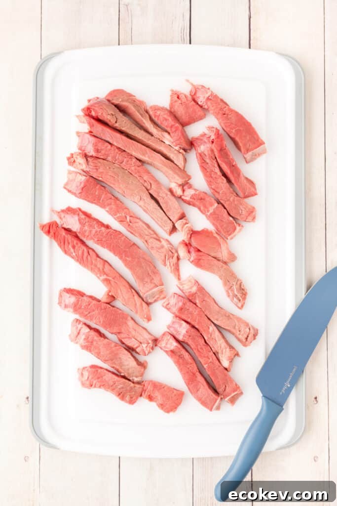 Place the steak between two pieces of plastic wrap and pound to ¼-inch thickness. Cut the steak into strips.