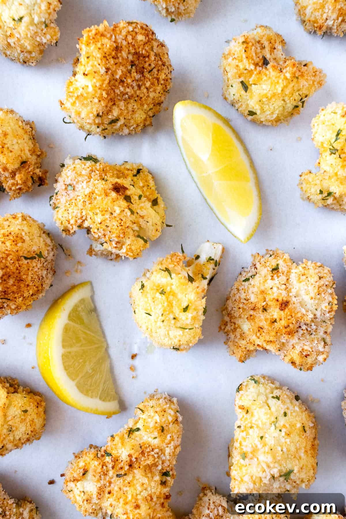 Crispy Cauliflower Bites on parchment paper with lemon wedges.