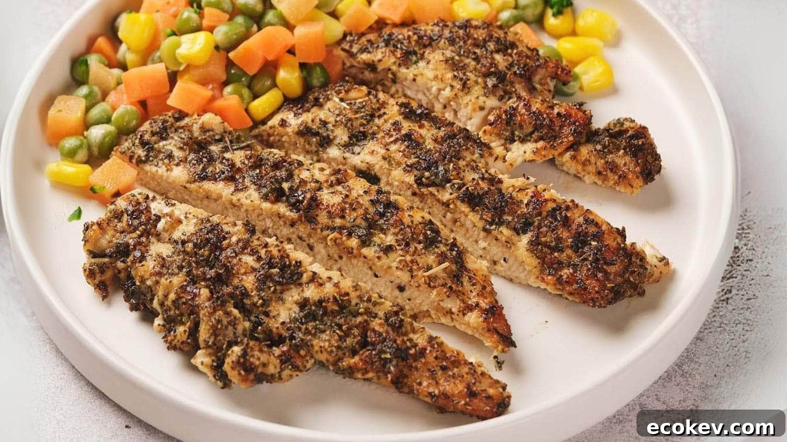 Pan seared chicken breast served with a side of mixed vegetables, including corn, carrots, and edamame, on a white plate.