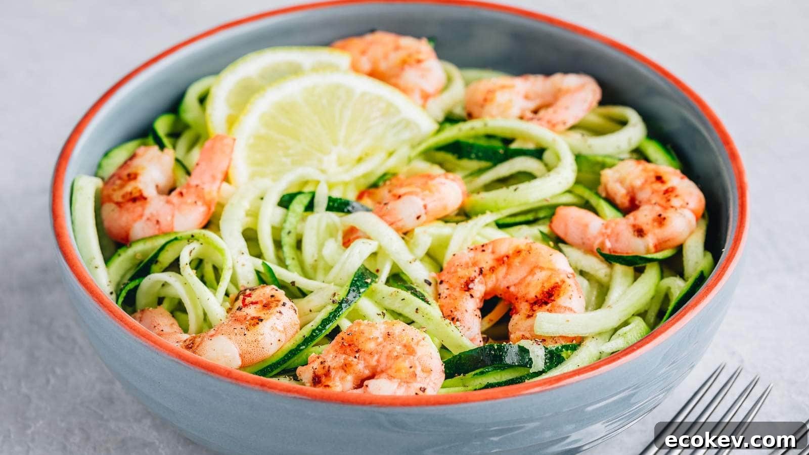 A bowl of shrimp scampi garnished with lemon slices, placed on a light grey surface next to a fork.