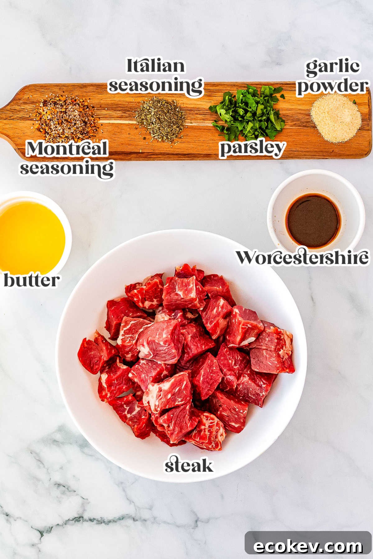 All ingredients needed to make this recipe with text overlay labeling each ingredient.
