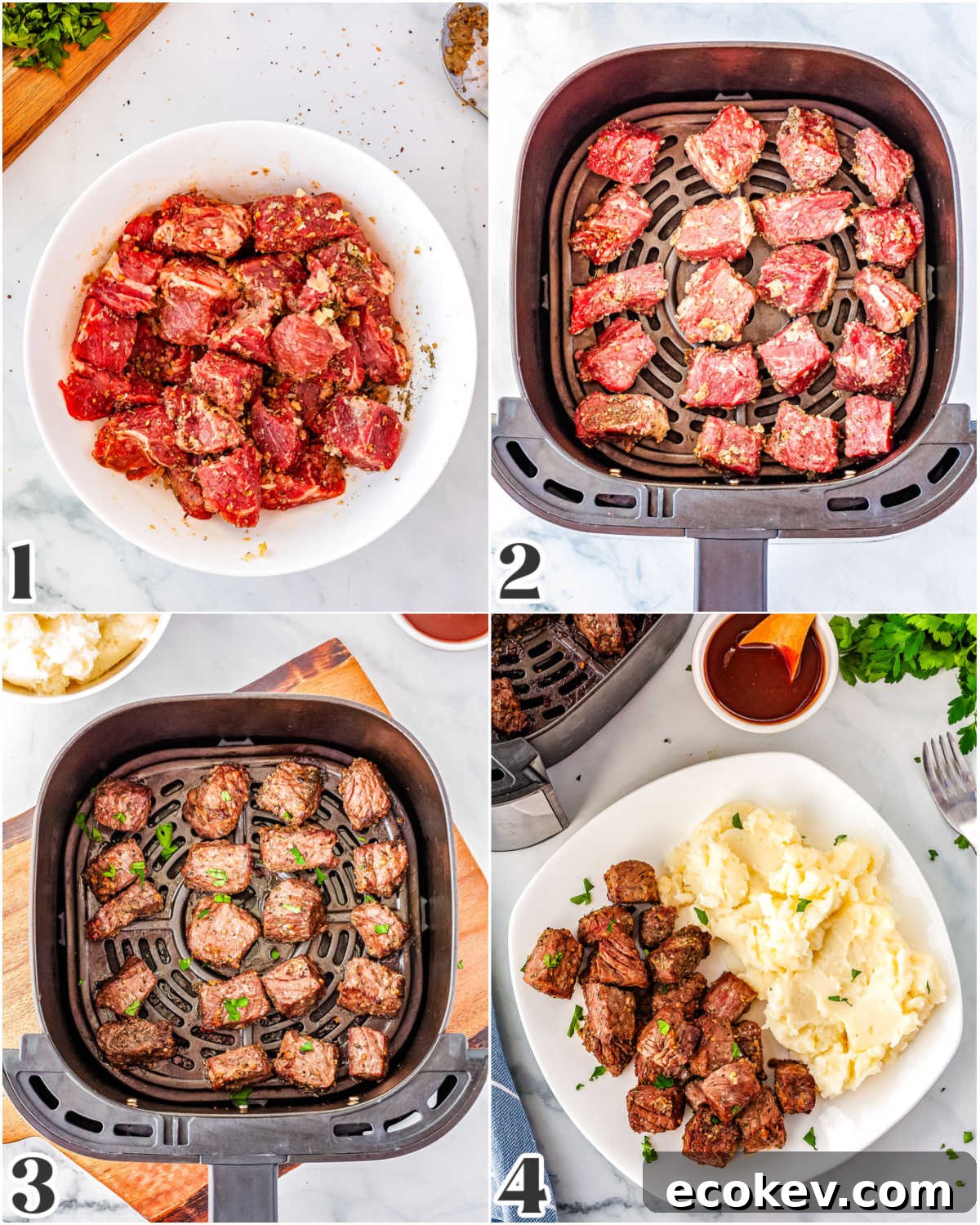 A picture collage showing how to make this recipe from Coatin the steak in butter and seasoning to serving the cooker garlic steak bites.