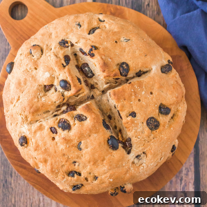Top down view of a round loaf of Irish soda bread dotted with raisins.