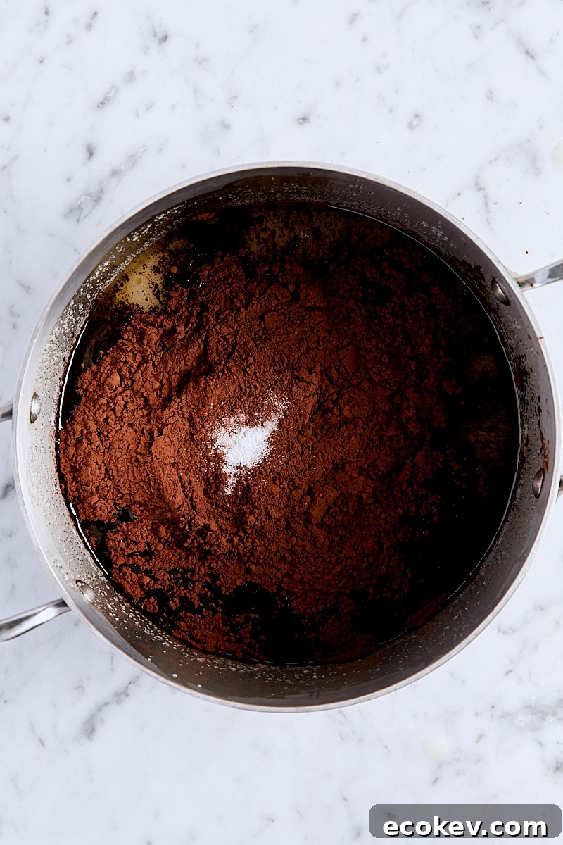 Cocoa powder and salt added to saucepan