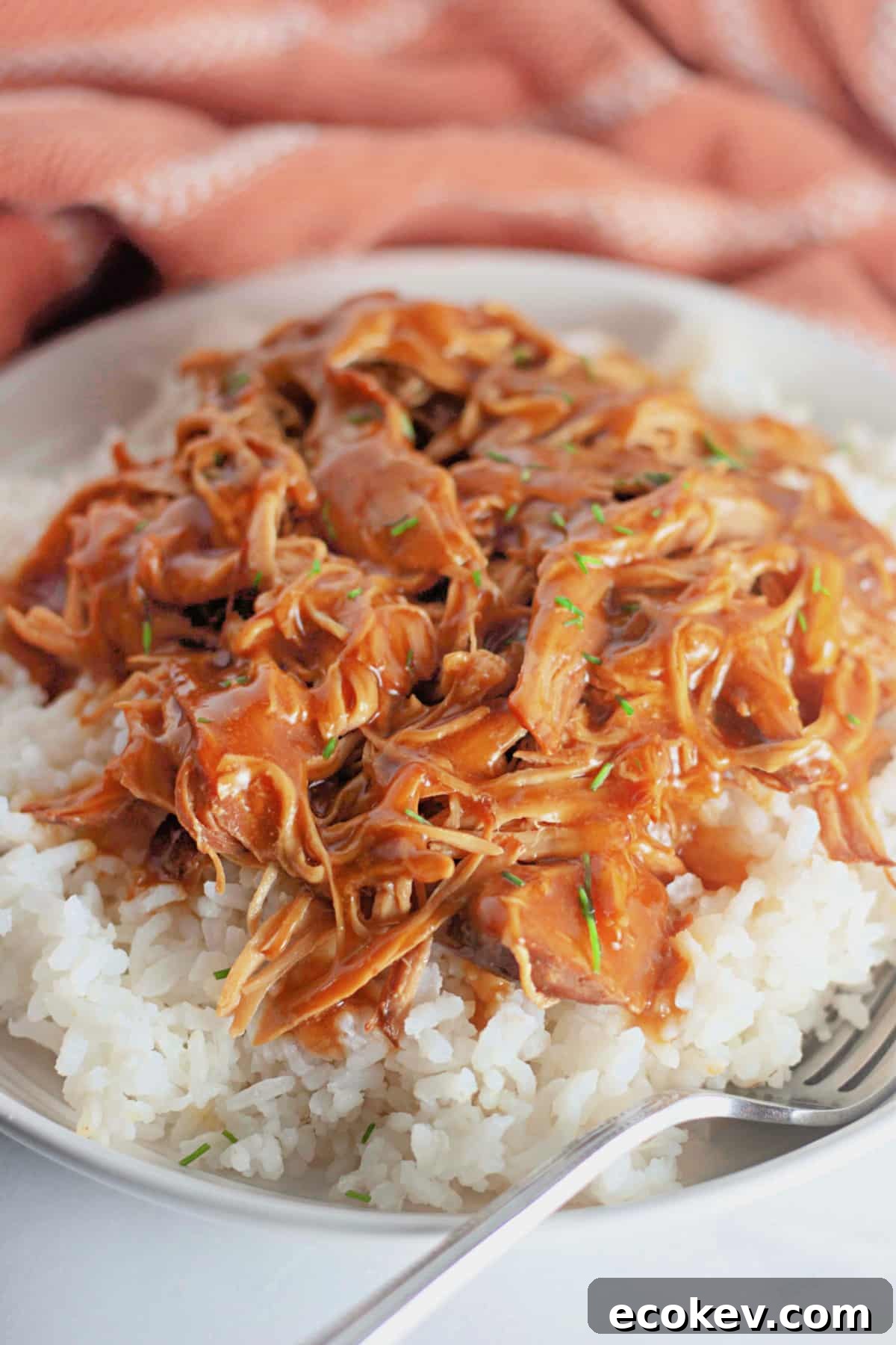 Shredded honey garlic chicken on top of a bed of rice.