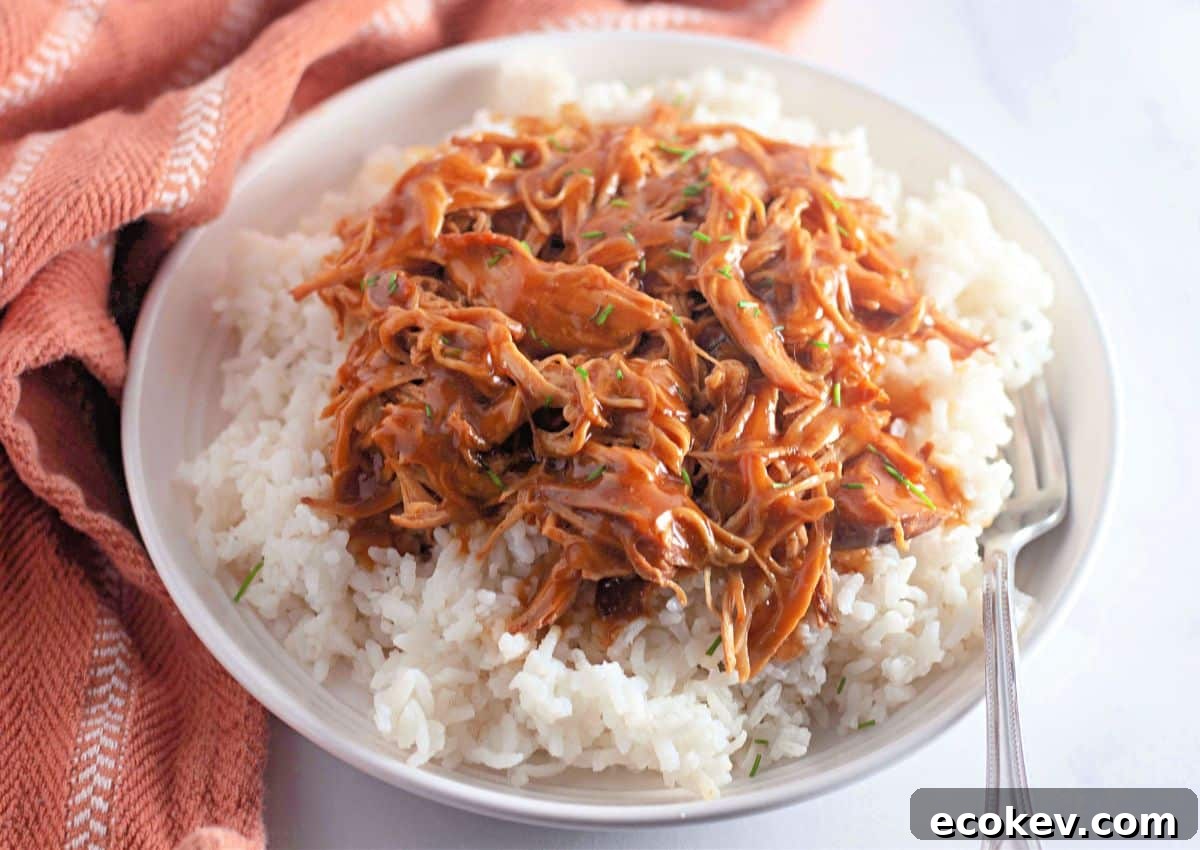Shredded honey garlic chicken on top of a bed of rice.