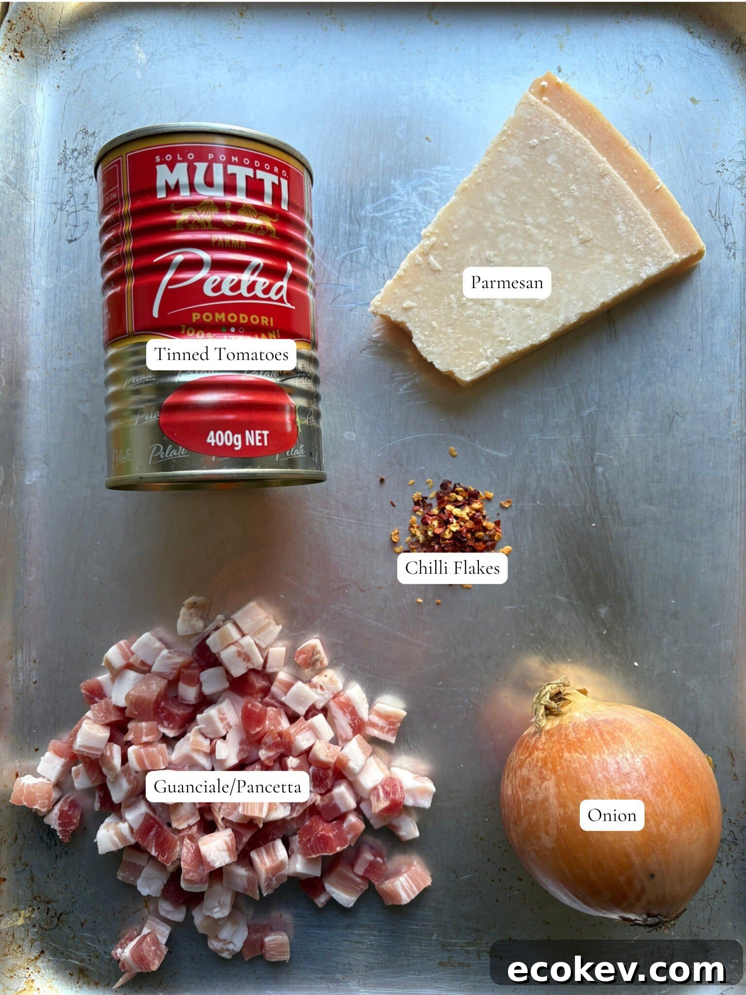 labelled ingredients for amatriciana sauce.