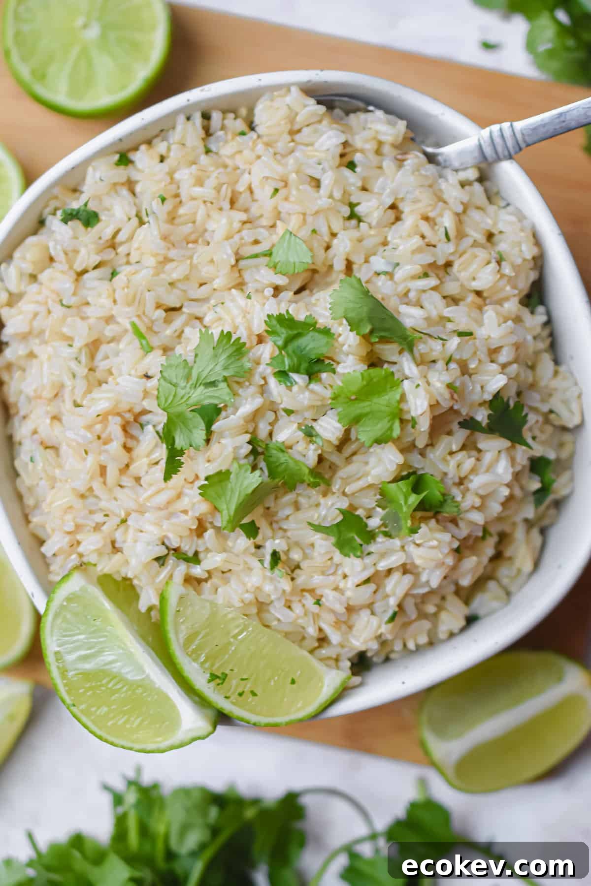 An overhead shot of the bowl of Instant Pot Cilantro Lime Brown Rice.