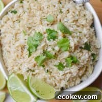 An overhead shot of the bowl of Instant Pot Cilantro Lime Brown Rice.