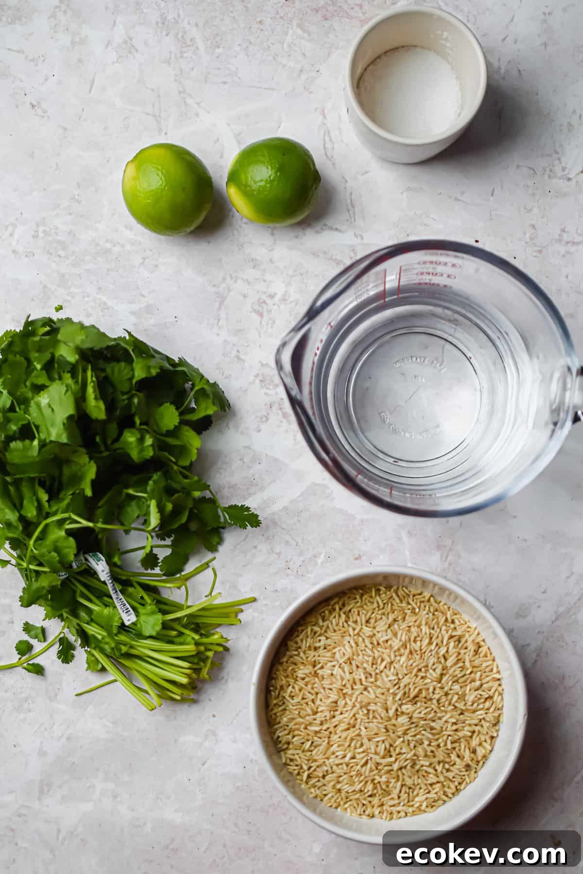 An overhead shot of the ingredients for Instant Pot Cilantro Lime Brown Rice