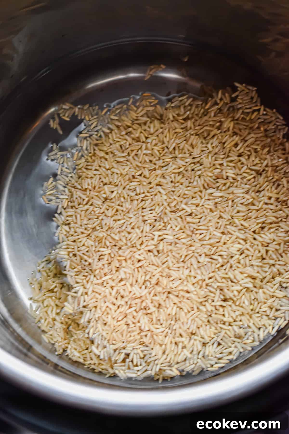 Brown rice is added to the water in the Instant Pot.