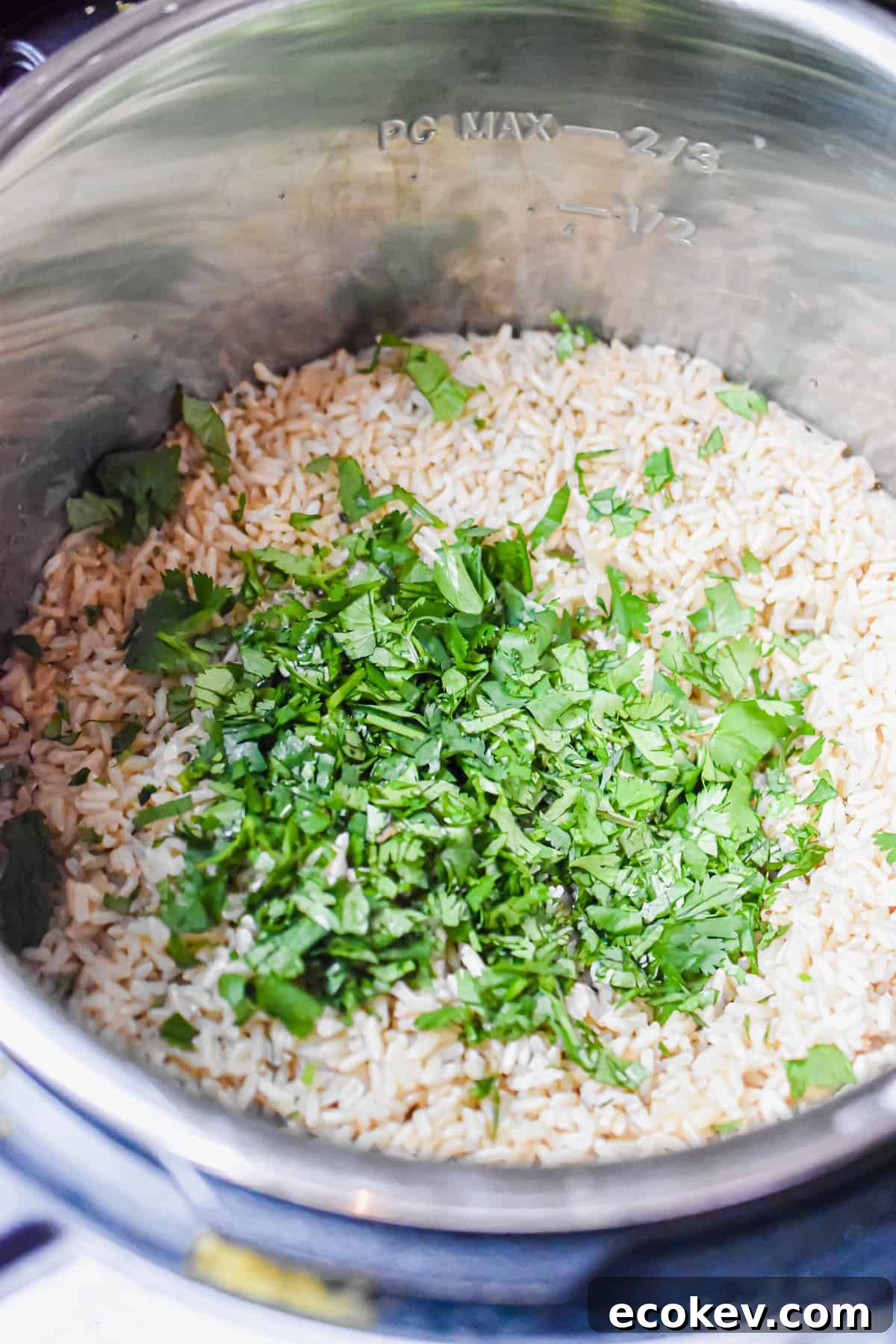 The cilantro is added to the Instant Pot right on the brown rice.