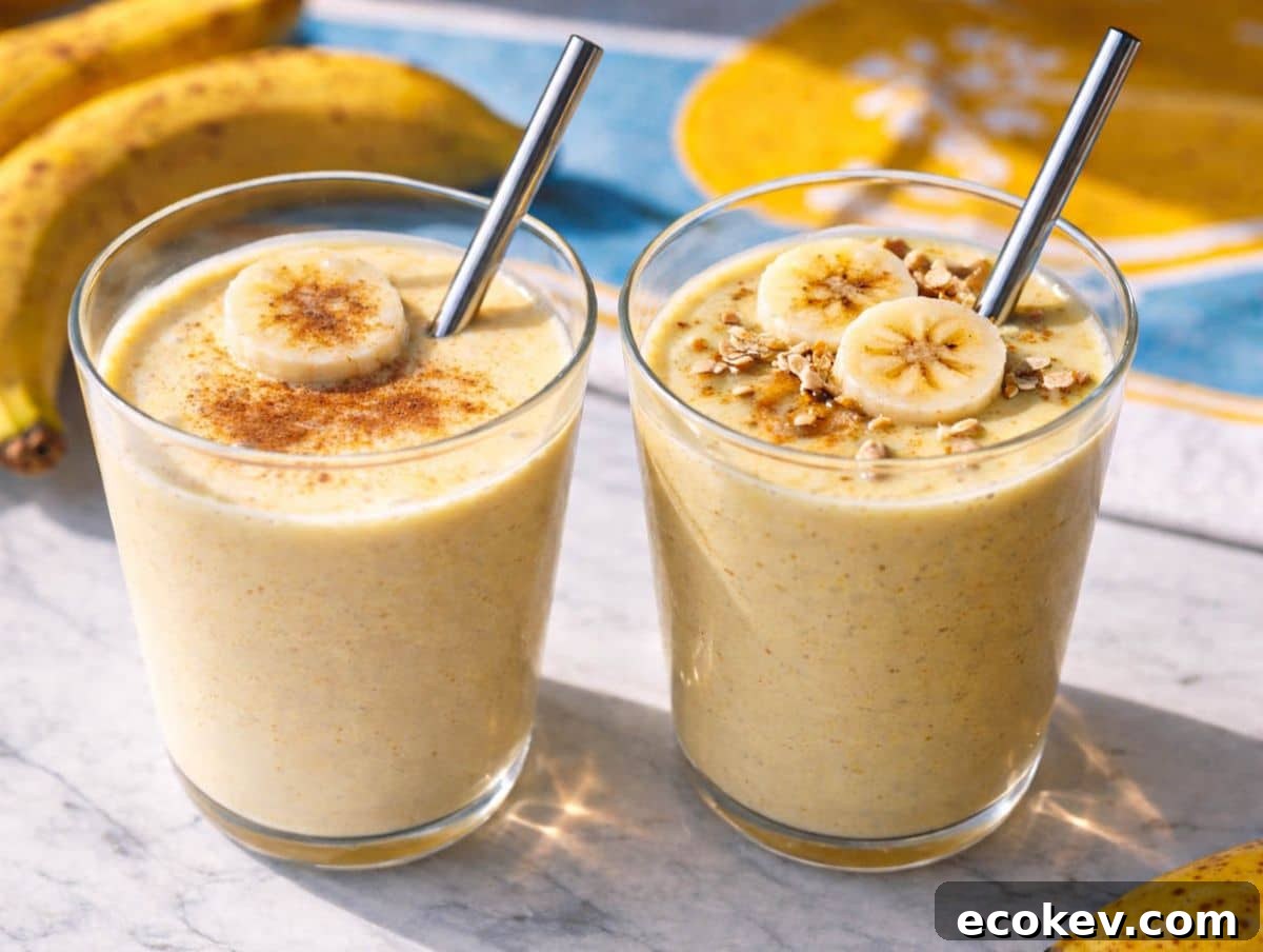 Two glasses of creamy banana smoothie near sunlit kitchen window.